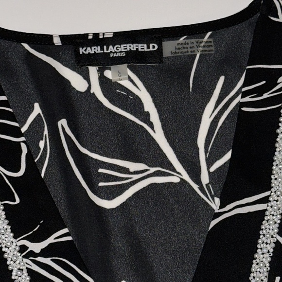 Karl Lagerfeld Paris Beaded Trim Bell Sleeves VNeck Pop Over Blouse Floral Print - Picture 8 of 12
